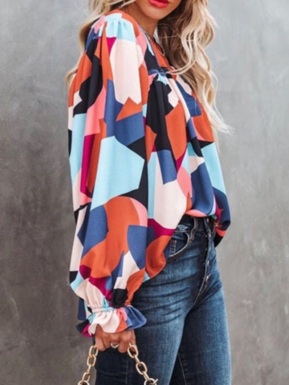Orange Abstract Retro Multicolor Boho Chic Ruffled Puff Sleeve Blouse Size XL - Picture 3 of 10